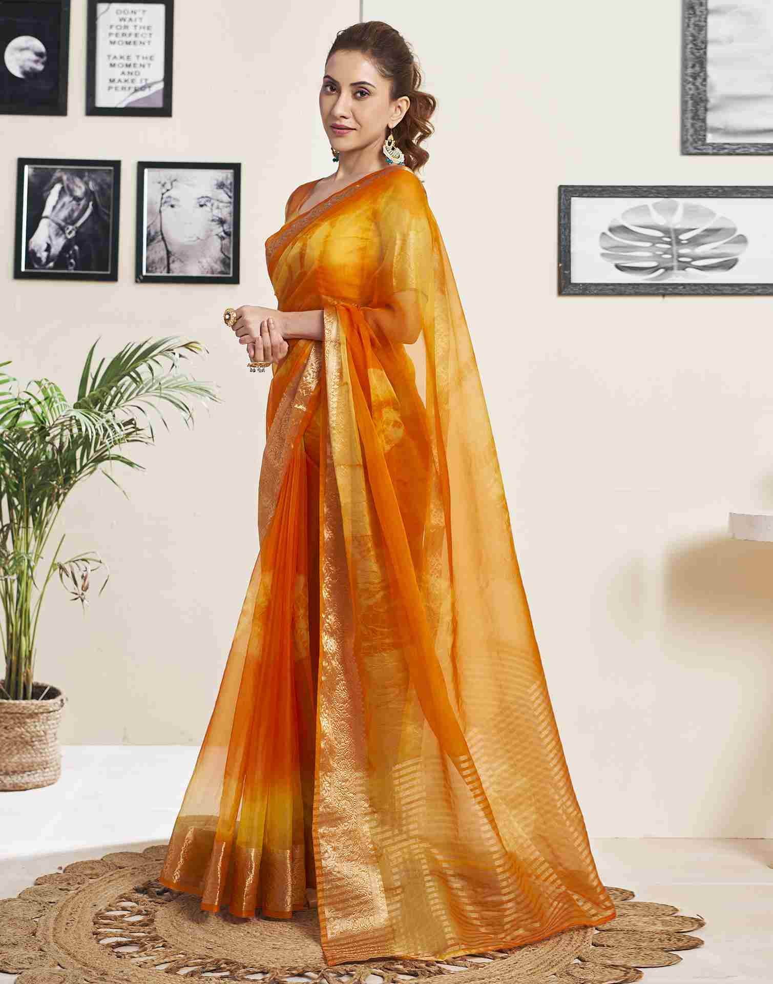 Orange Organza Printed Woven Saree