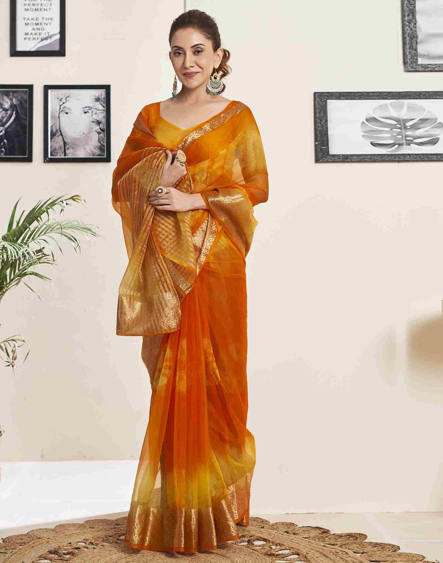 Orange Organza Printed Woven Saree