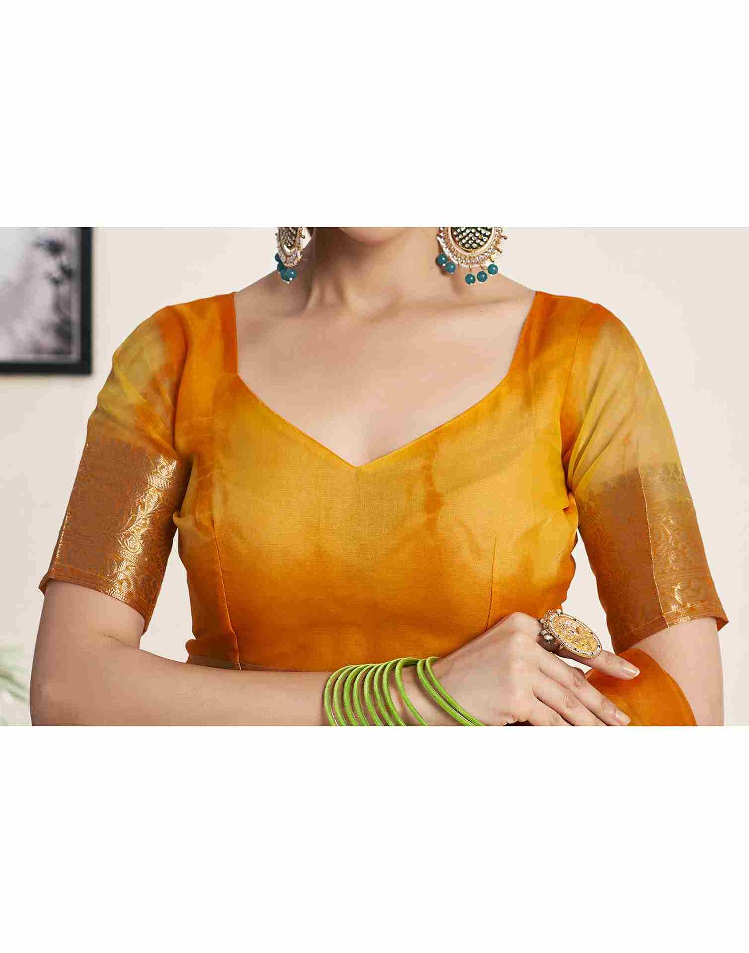 Orange Organza Printed Woven Saree