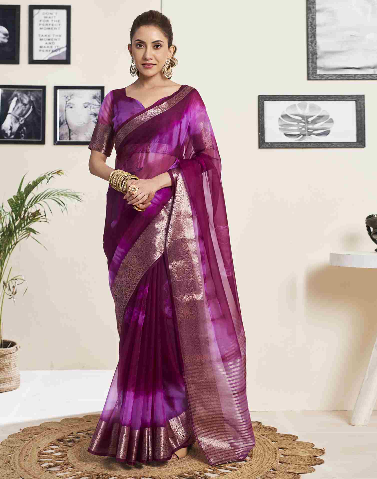 Wine Organza Printed Woven Saree