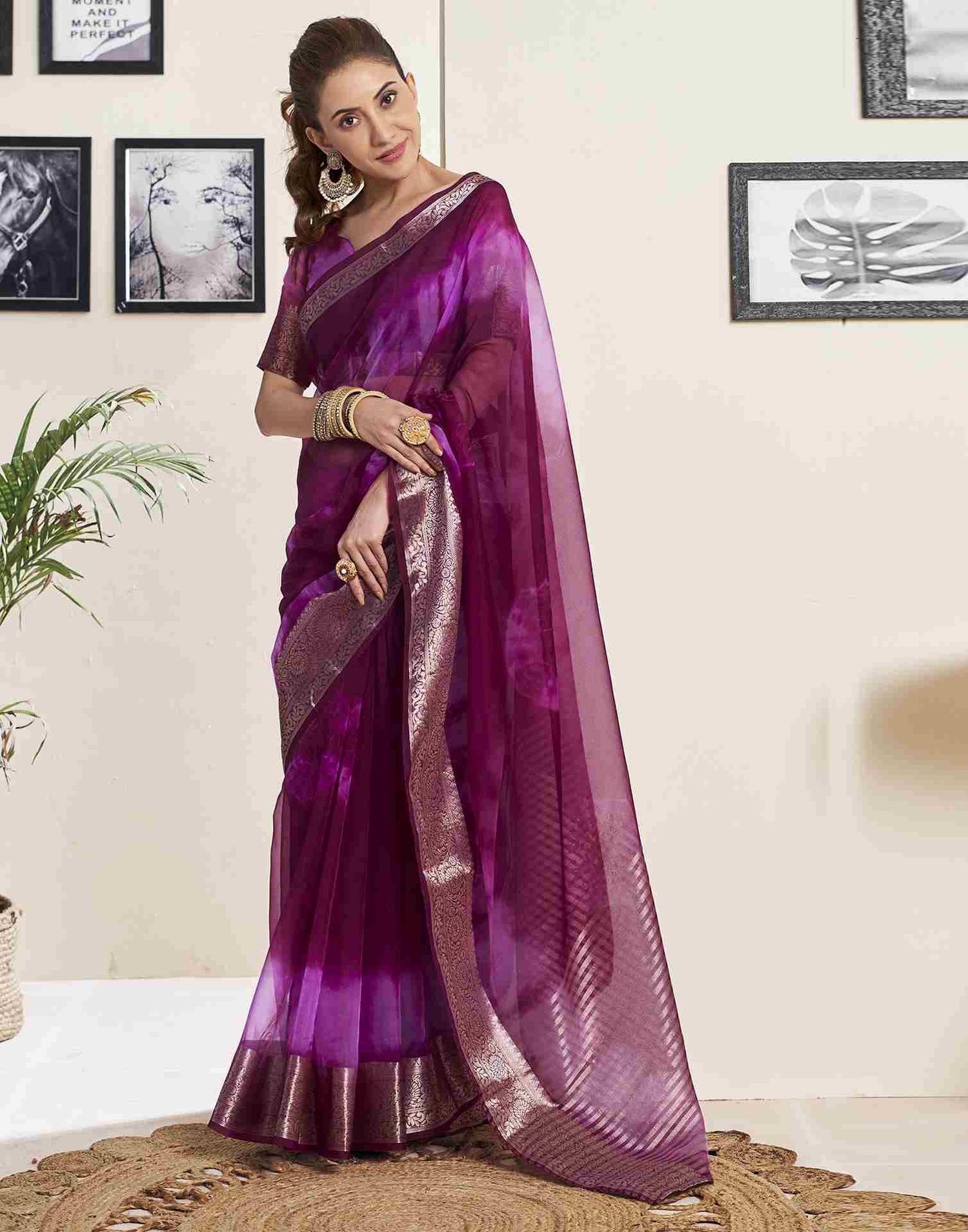 Wine Organza Printed Woven Saree