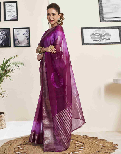 Wine Organza Printed Woven Saree