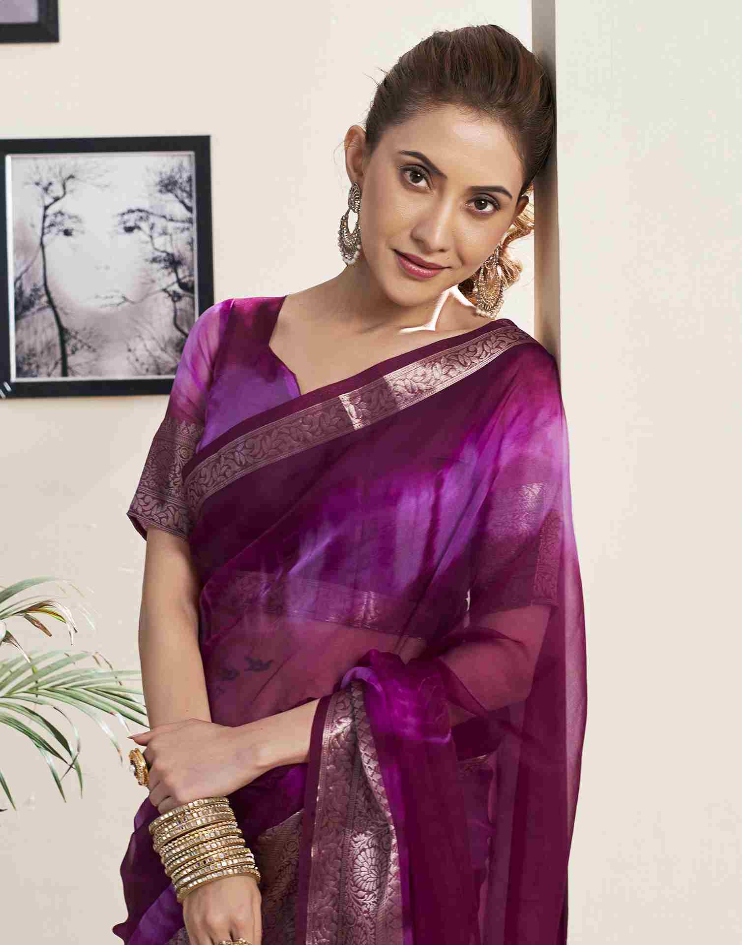 Wine Organza Printed Woven Saree