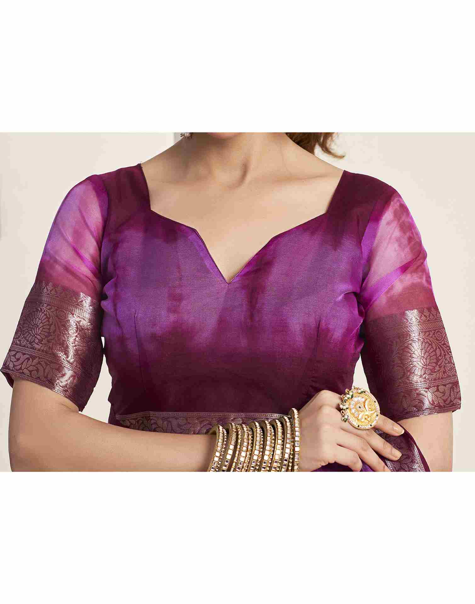 Wine Organza Printed Woven Saree