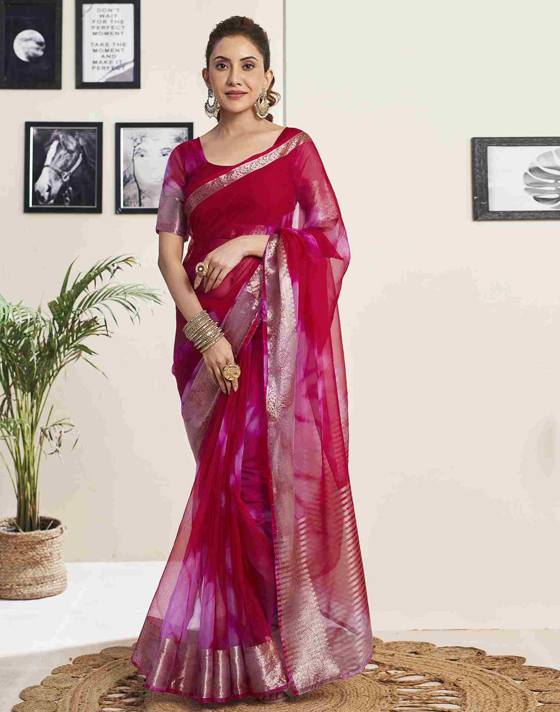 Red Organza Printed Woven Saree