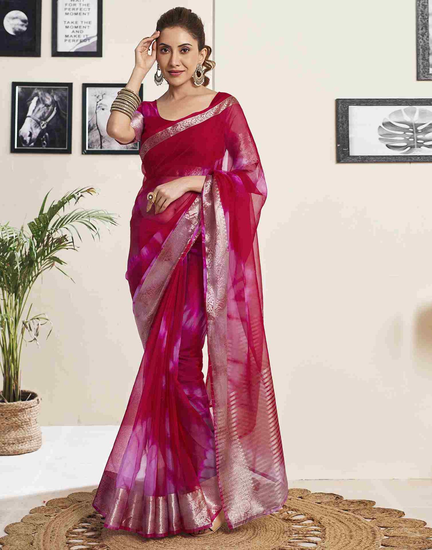 Red Organza Printed Woven Saree