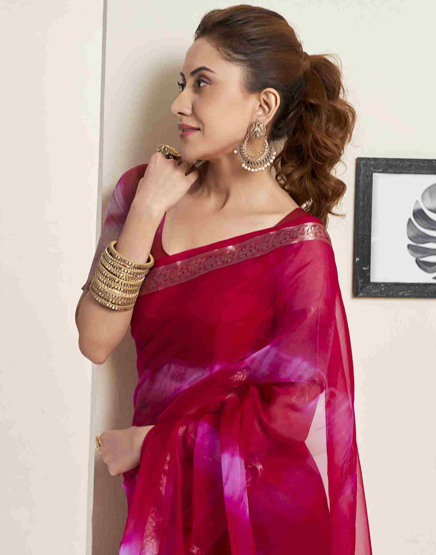 Red Organza Printed Woven Saree