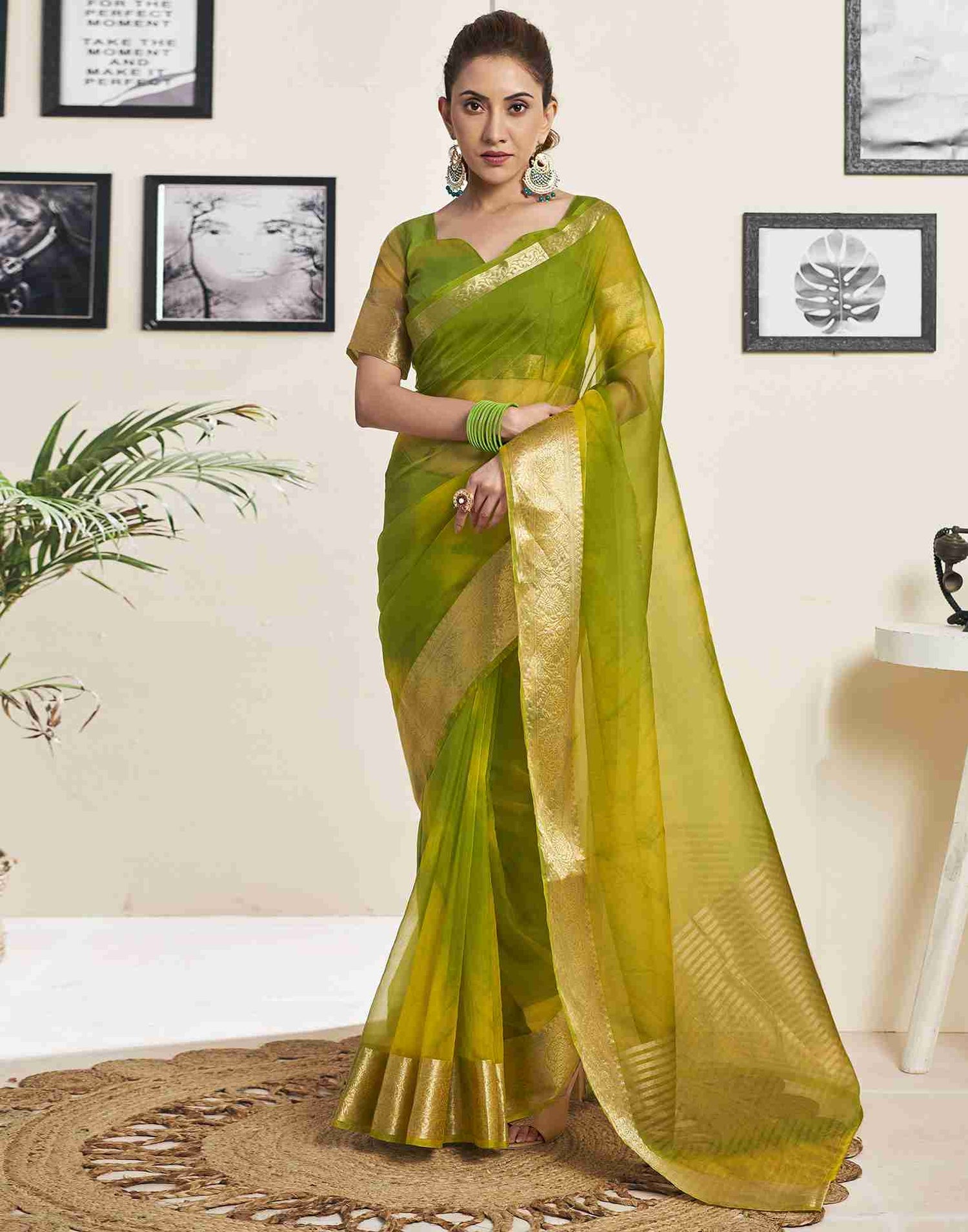 Light Green Organza Printed Woven Saree