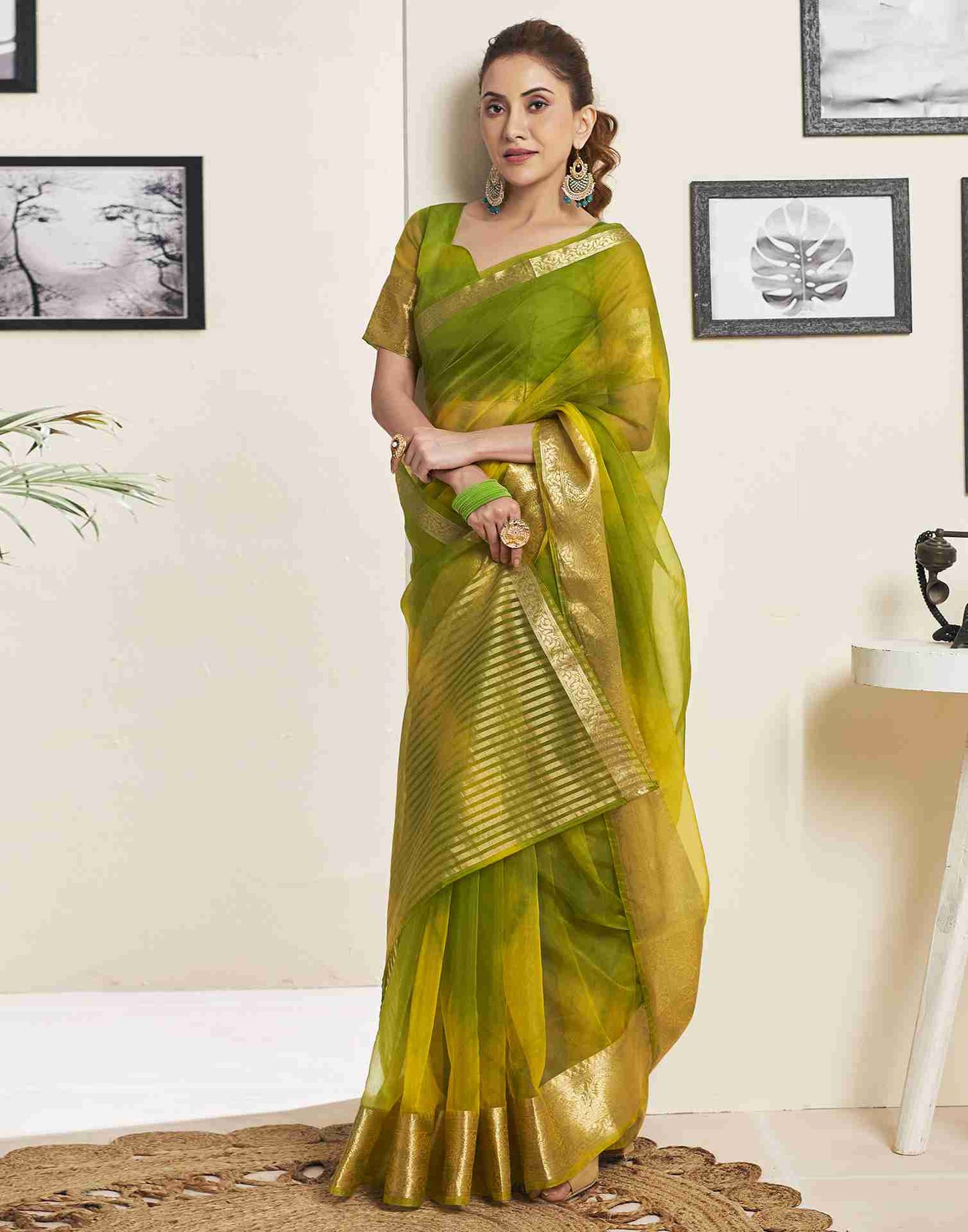 Light Green Organza Printed Woven Saree