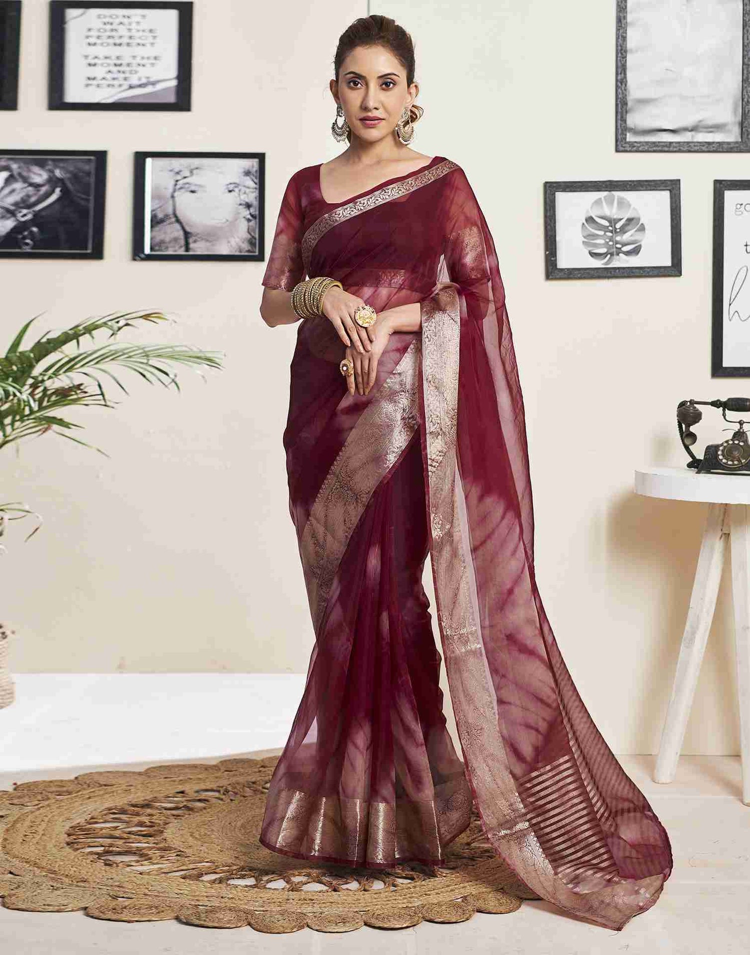 Maroon Organza Printed Woven Saree