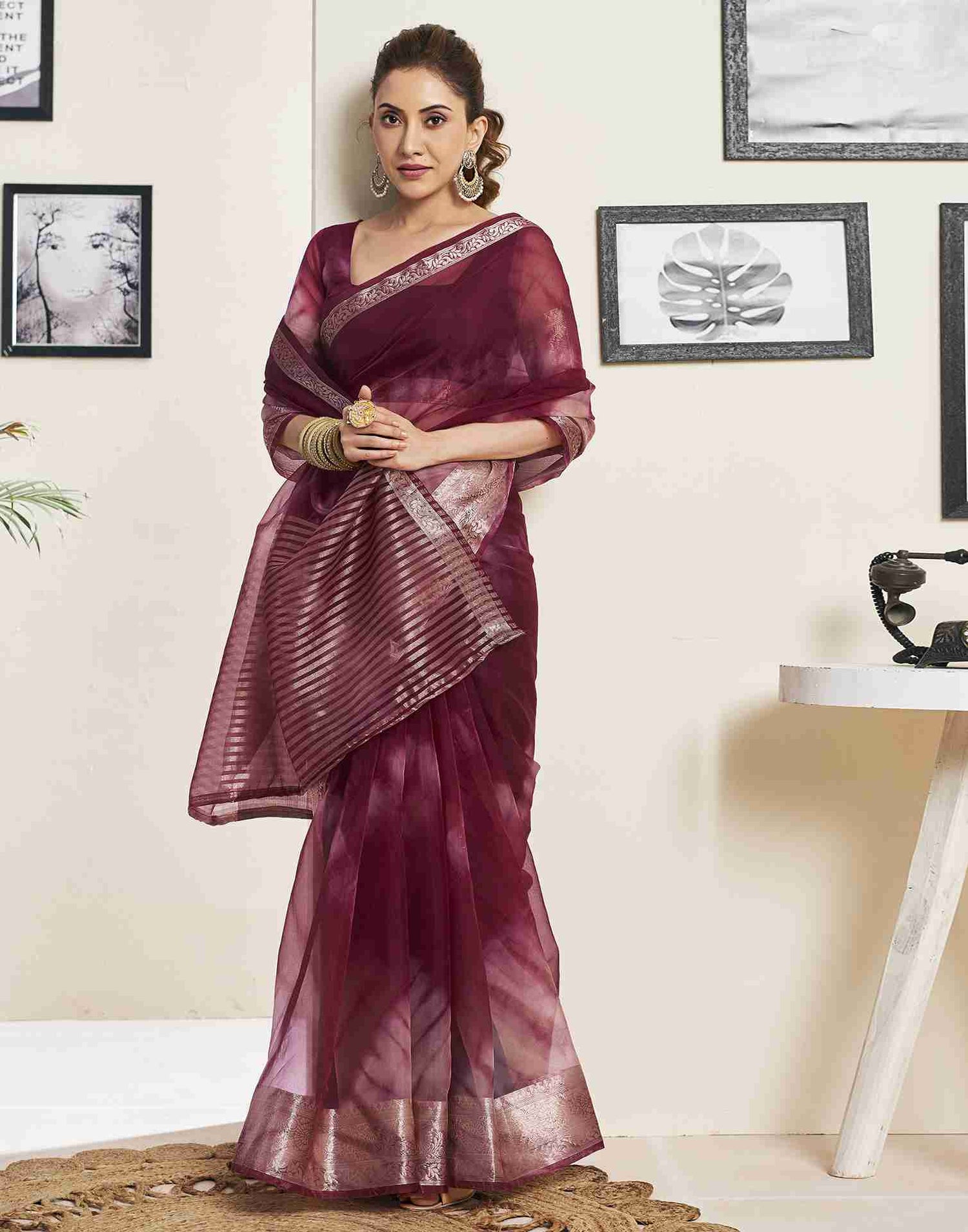 Maroon Organza Printed Woven Saree