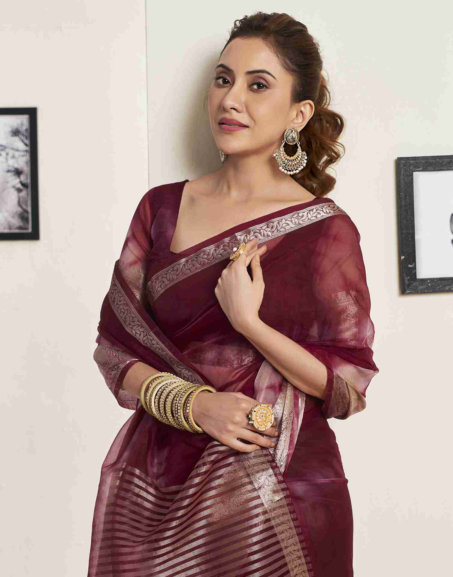 Maroon Organza Printed Woven Saree