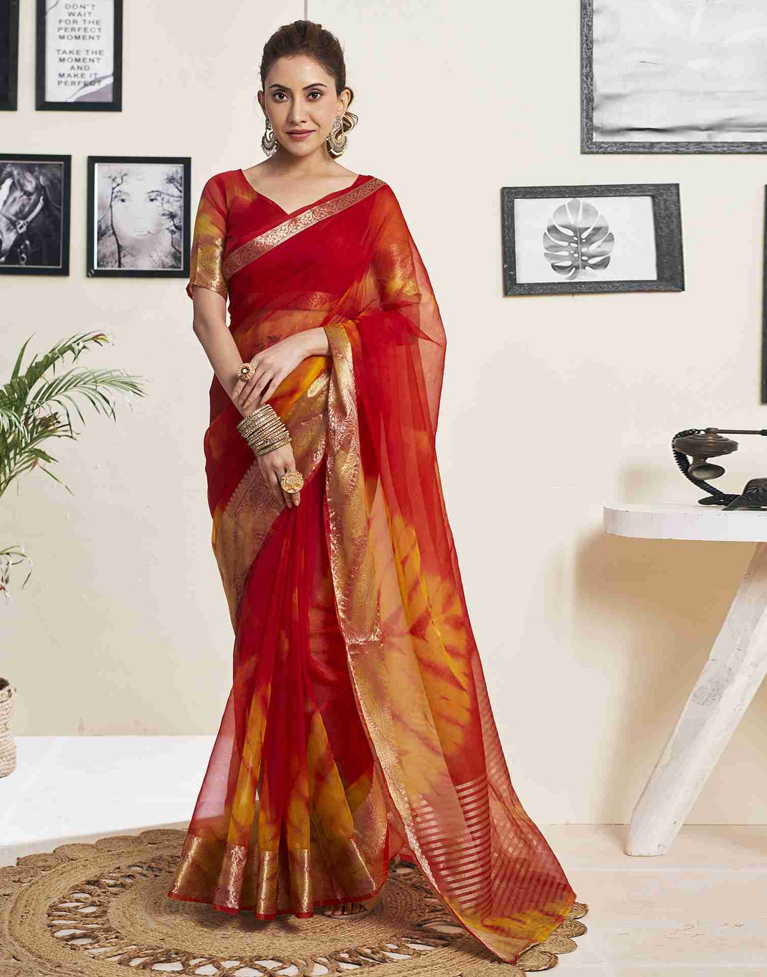 Red Organza Dyed Solid Saree