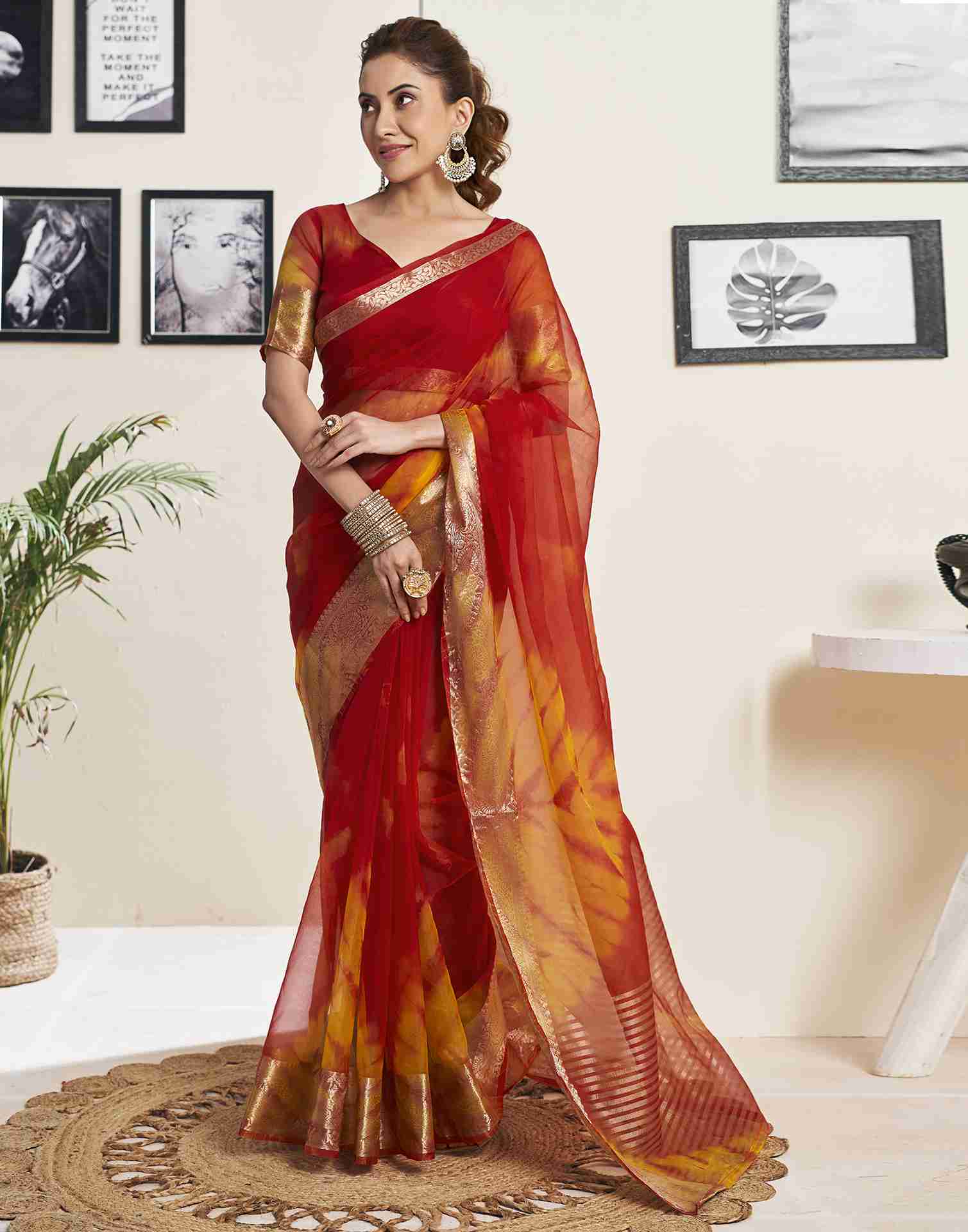 Red Organza Printed Woven Saree