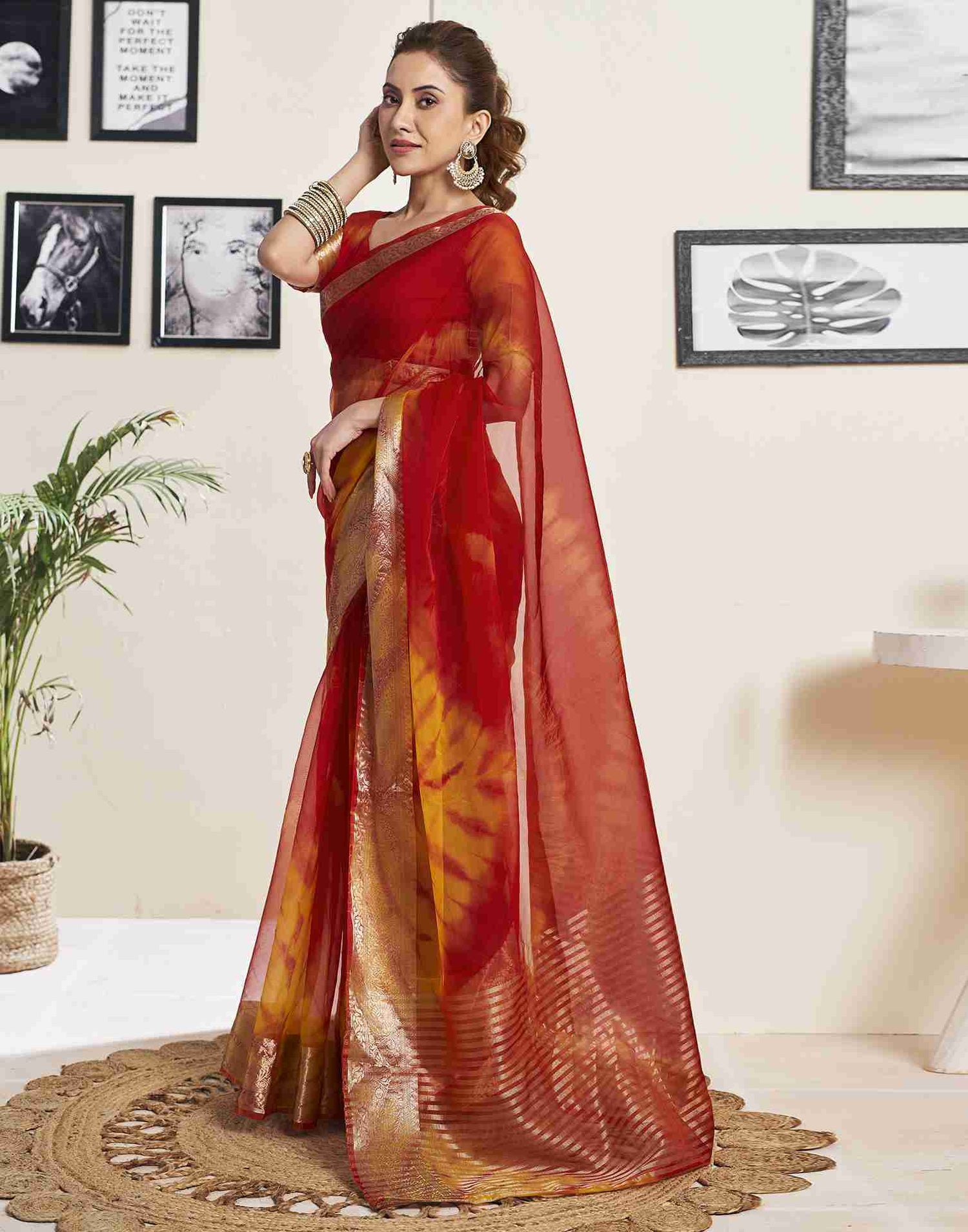 Red Organza Printed Woven Saree