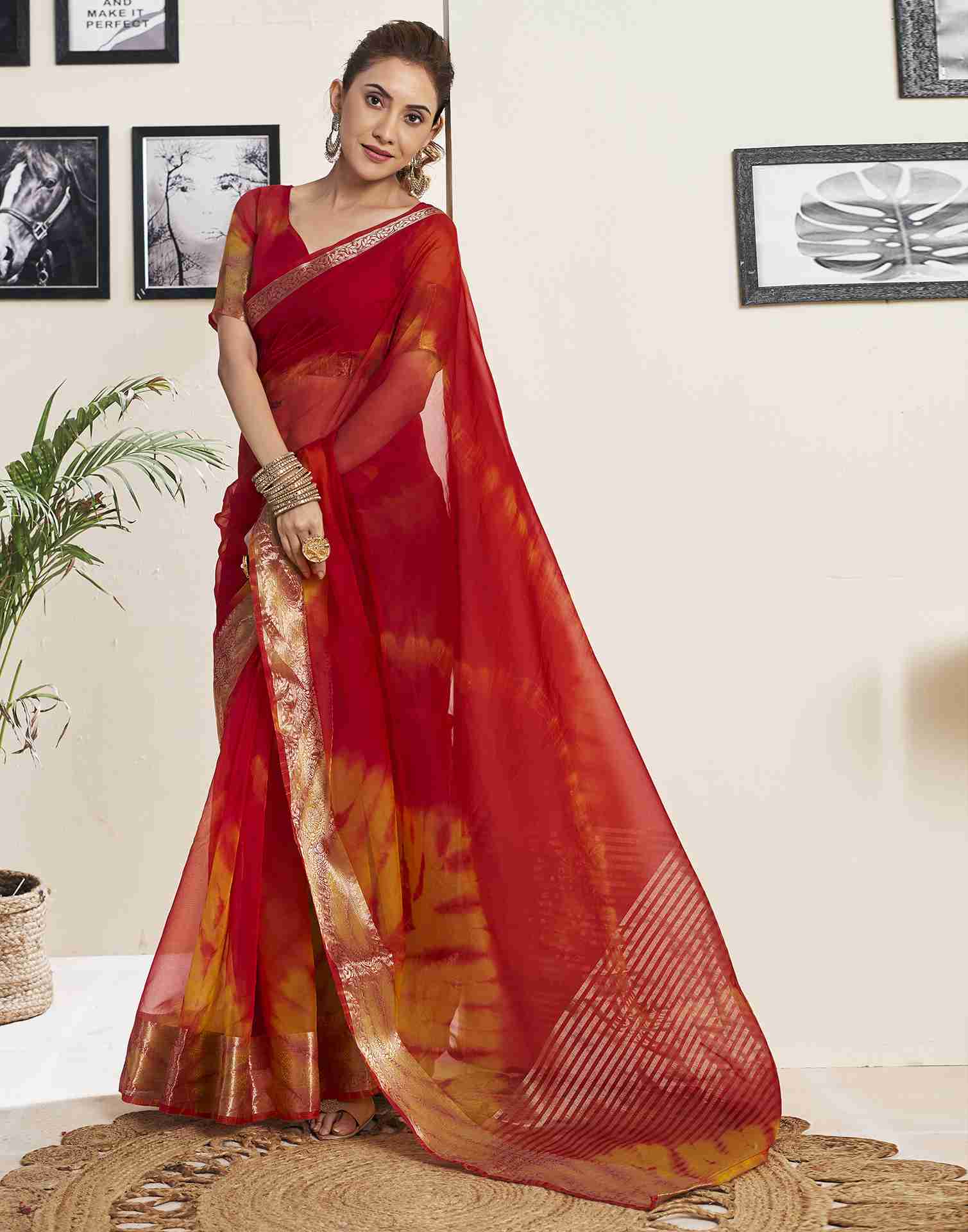 Red Organza Printed Woven Saree