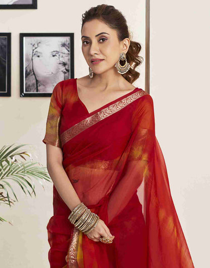 Red Organza Printed Woven Saree