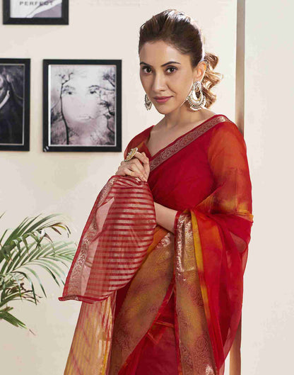 Red Organza Printed Woven Saree