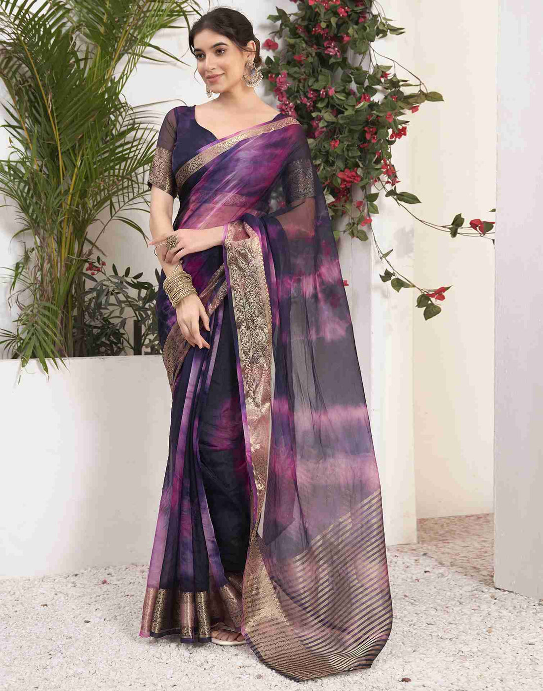 Deep Purple Organza Printed Woven Saree