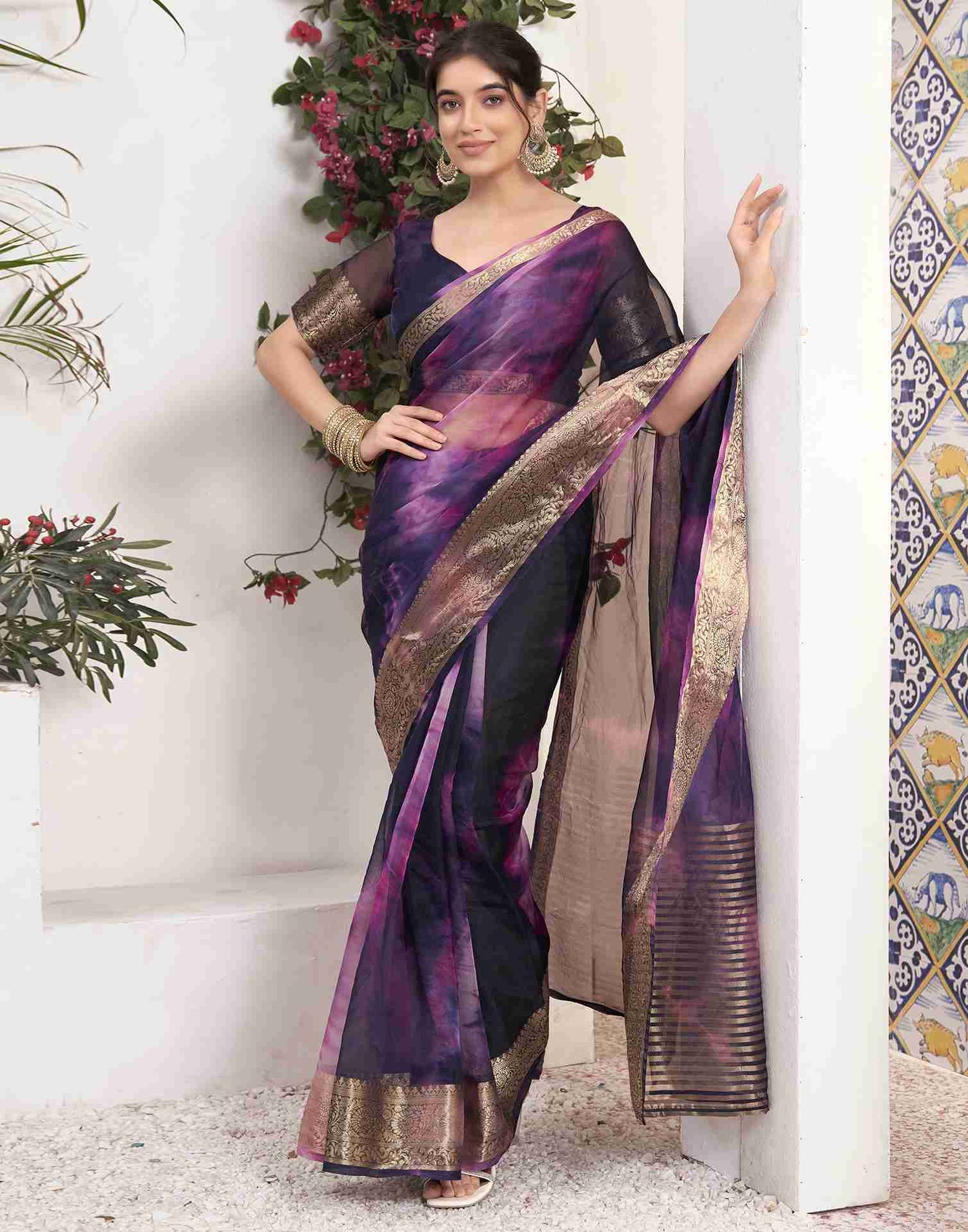 Deep Purple Organza Printed Woven Saree