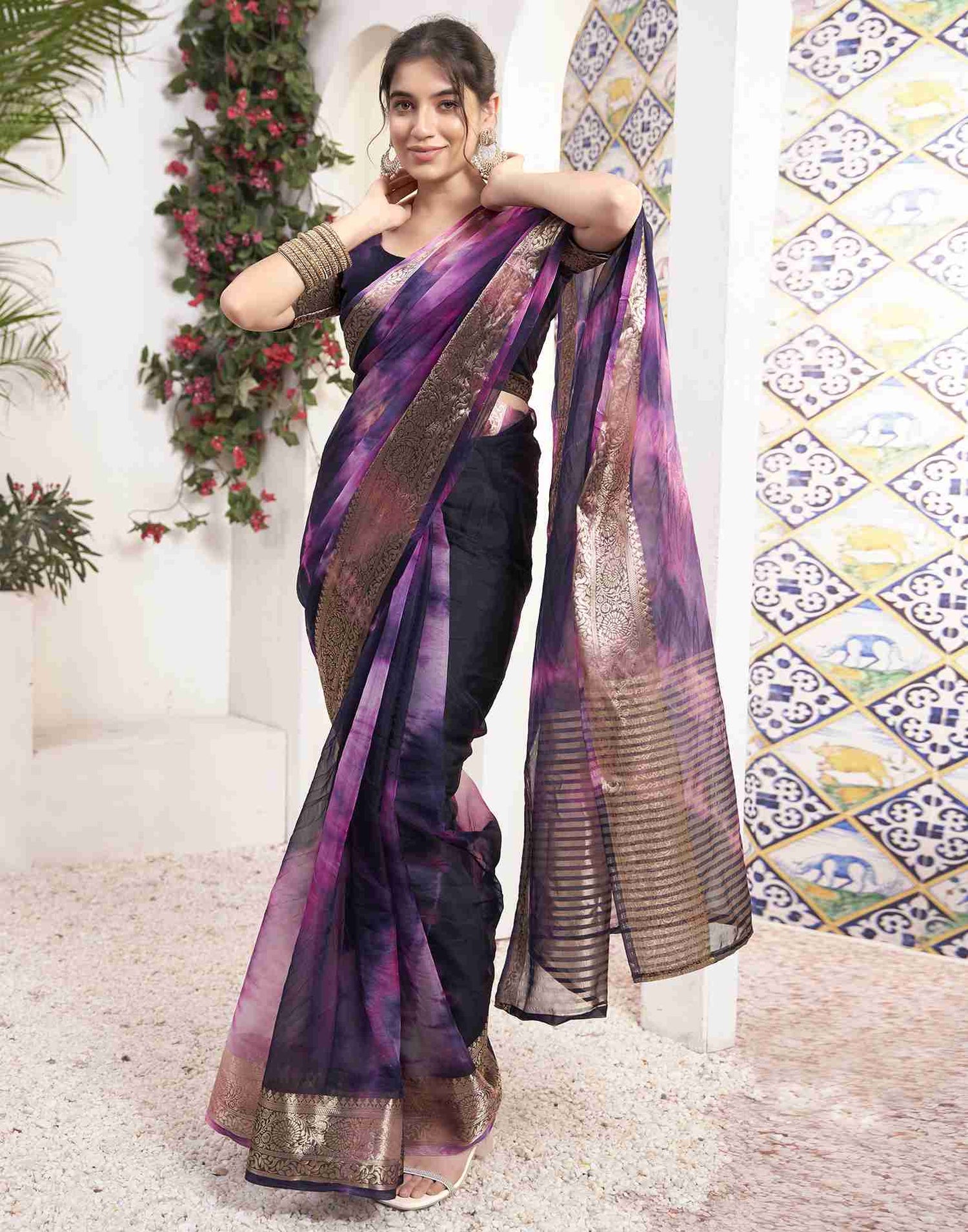 Deep Purple Organza Printed Woven Saree