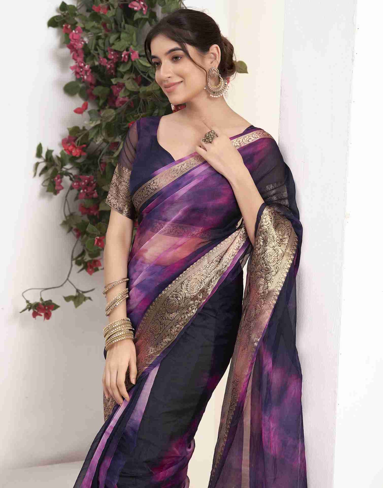 Deep Purple Organza Printed Woven Saree