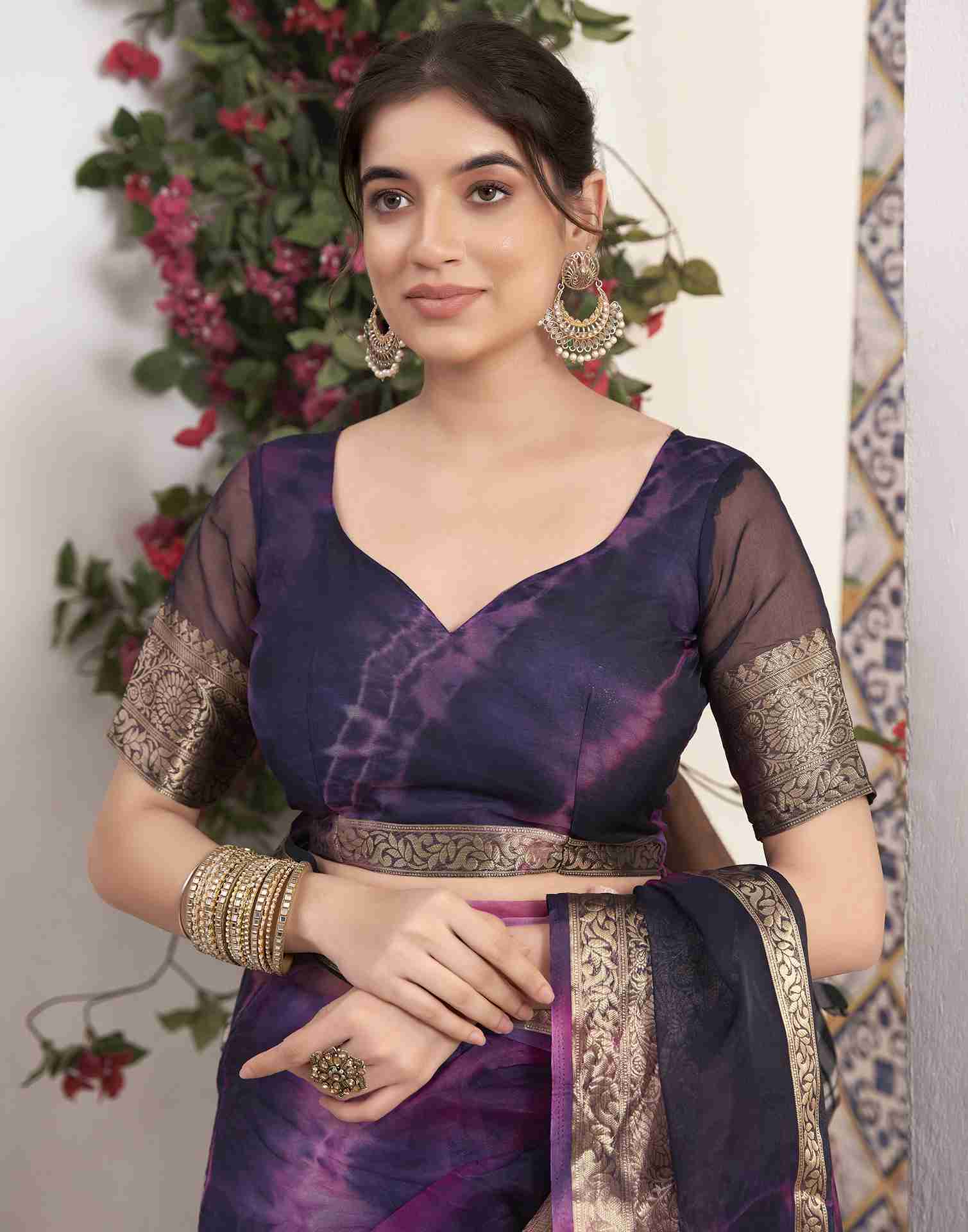 Deep Purple Organza Printed Woven Saree