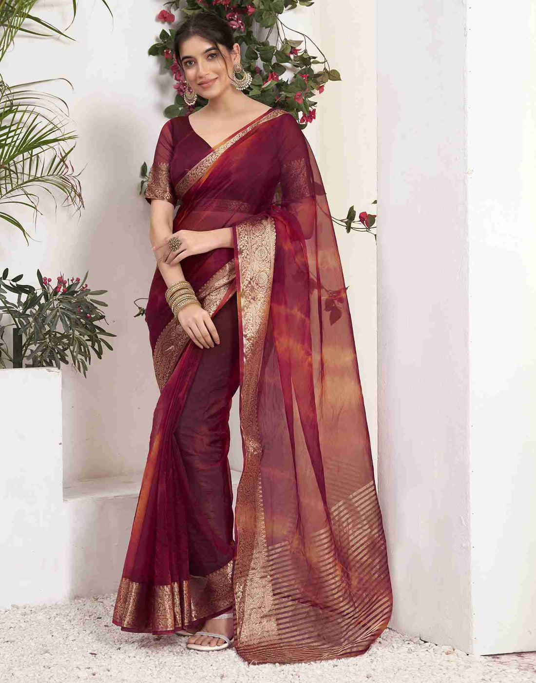 Maroon Organza Printed Woven Saree