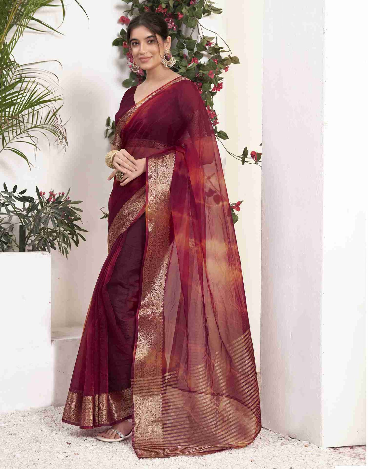 Maroon Organza Printed Woven Saree