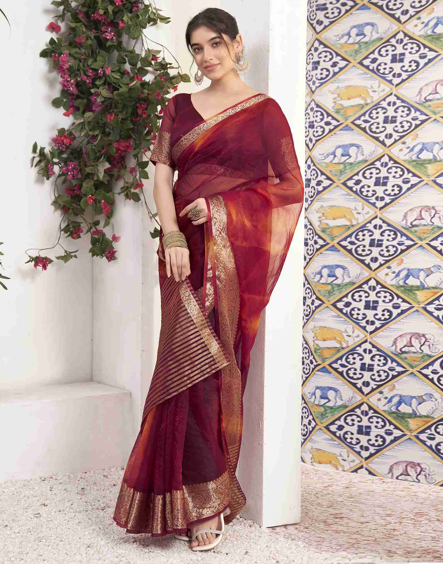 Maroon Organza Printed Woven Saree