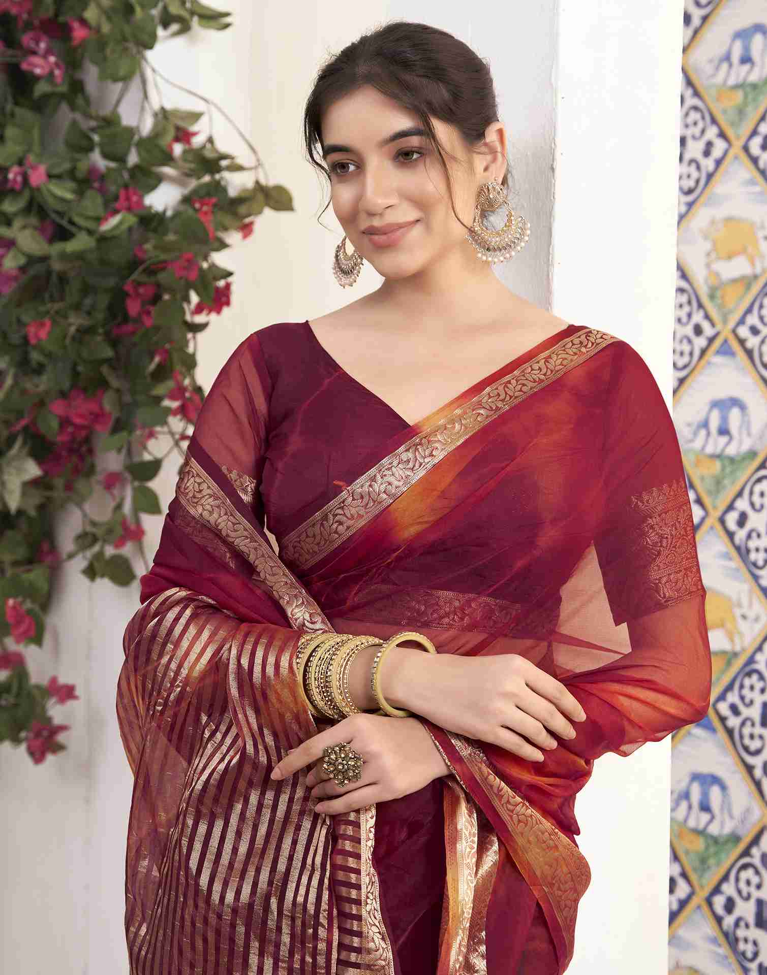 Maroon Organza Printed Woven Saree