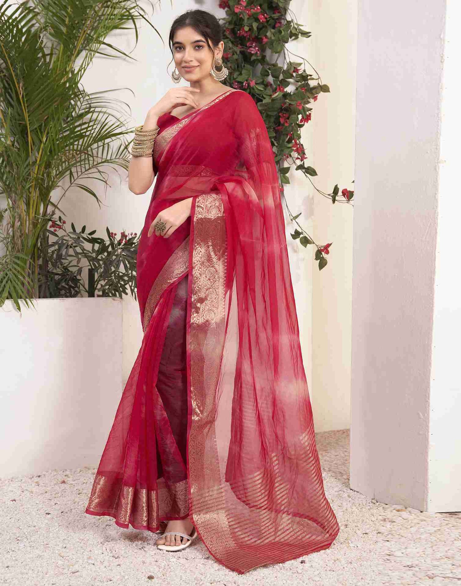 Dark Pink Organza Printed Woven Saree