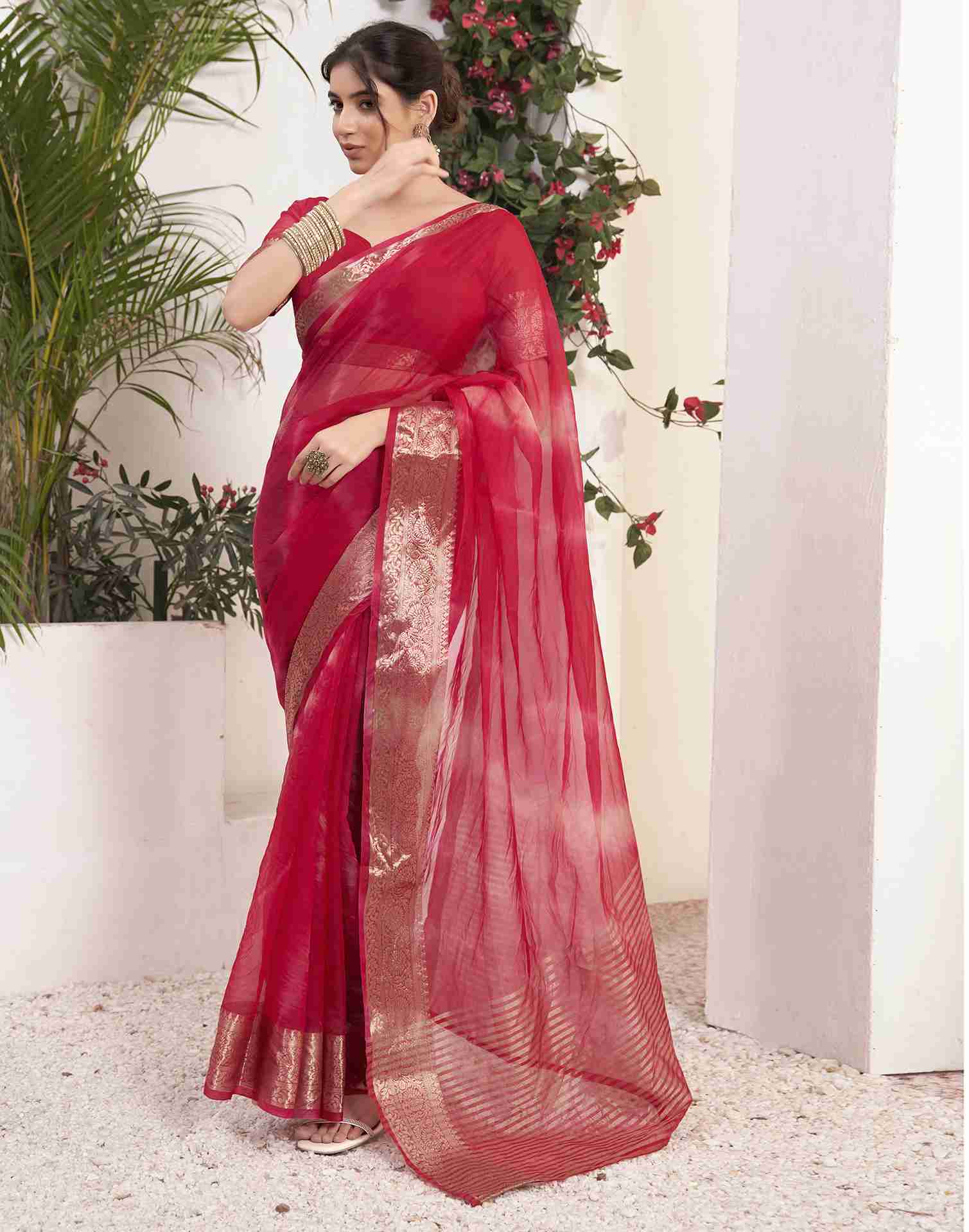 Dark Pink Organza Printed Woven Saree