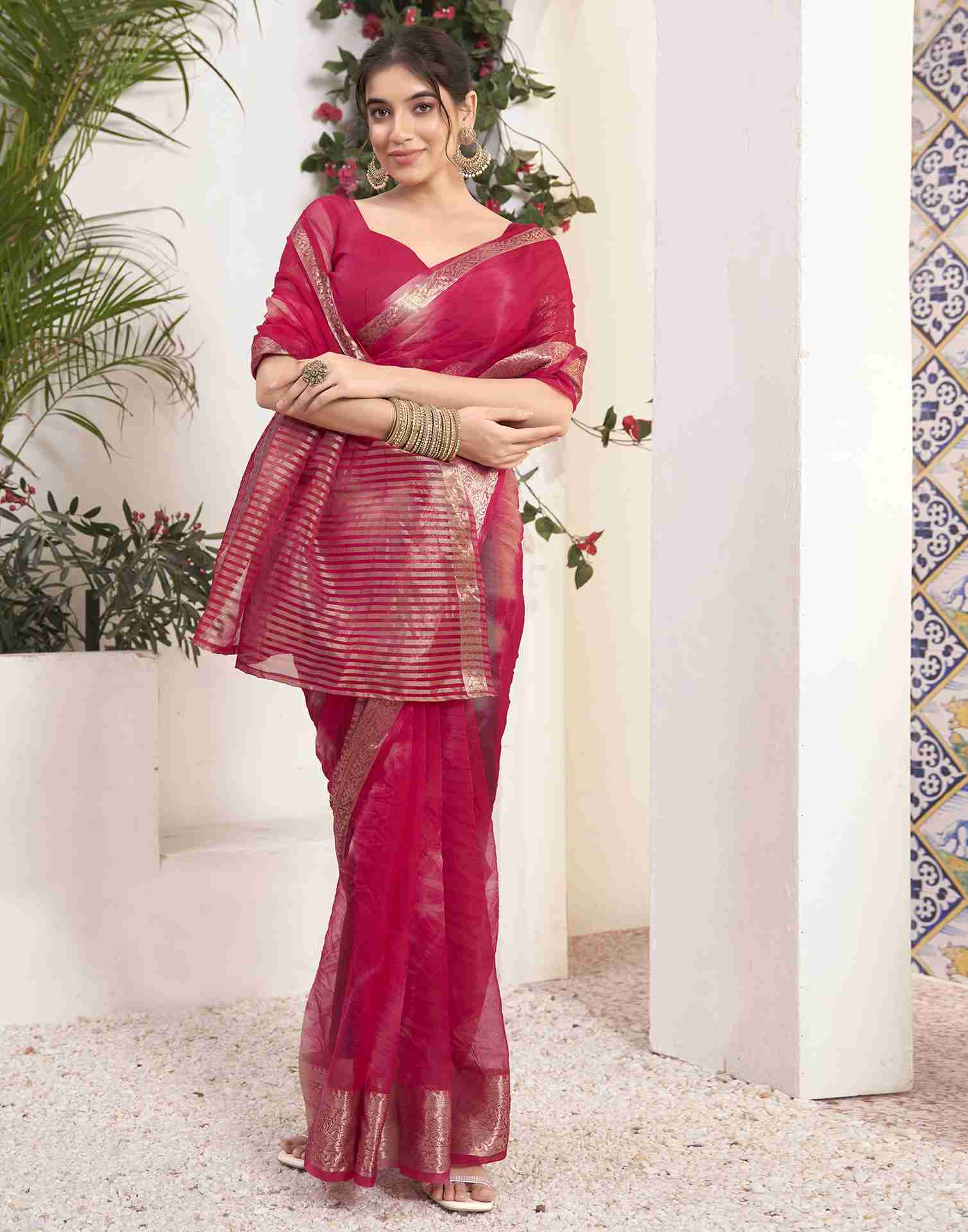 Dark Pink Organza Printed Woven Saree