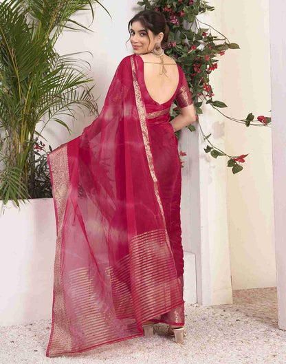 Dark Pink Organza Printed Woven Saree