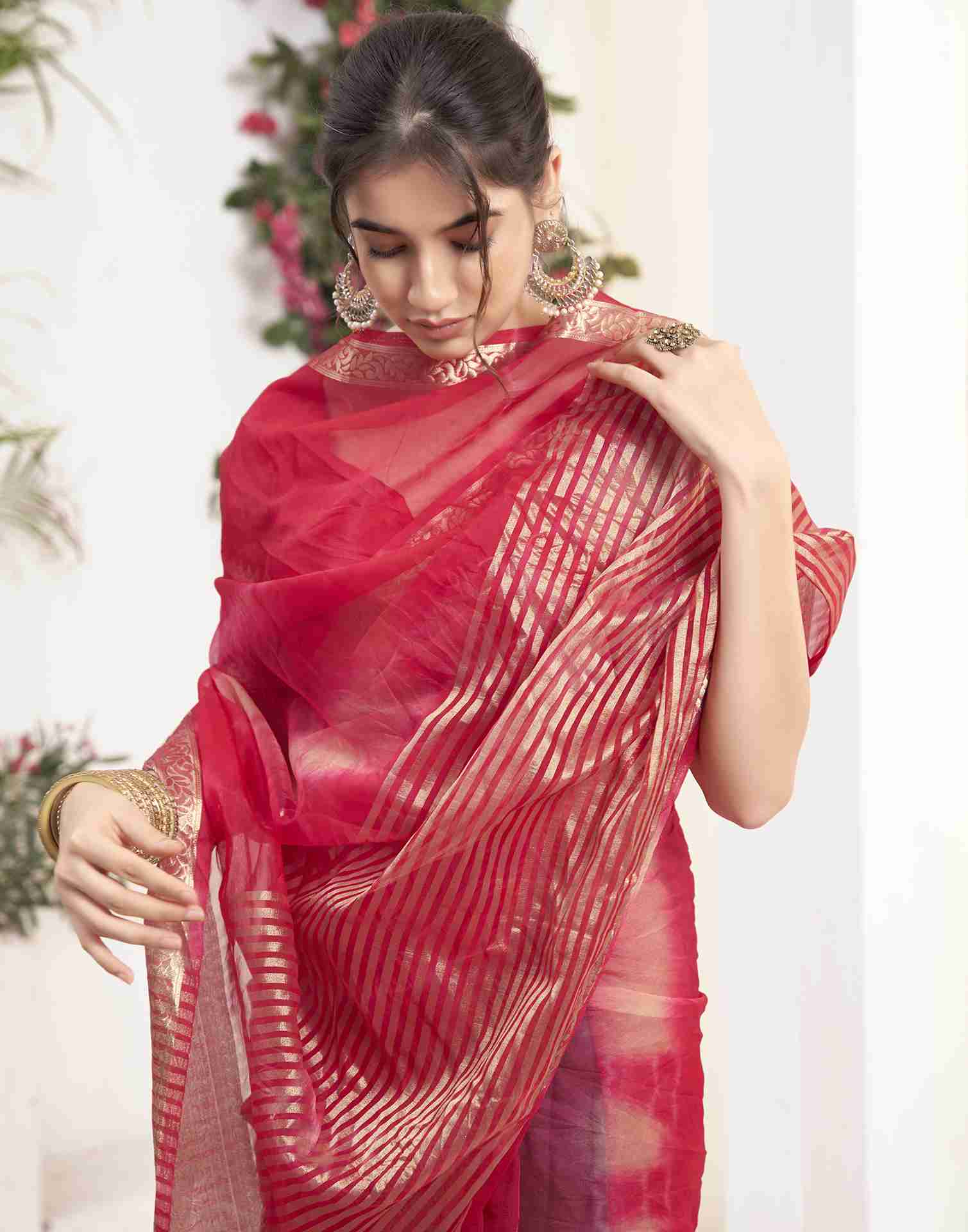 Dark Pink Organza Printed Woven Saree