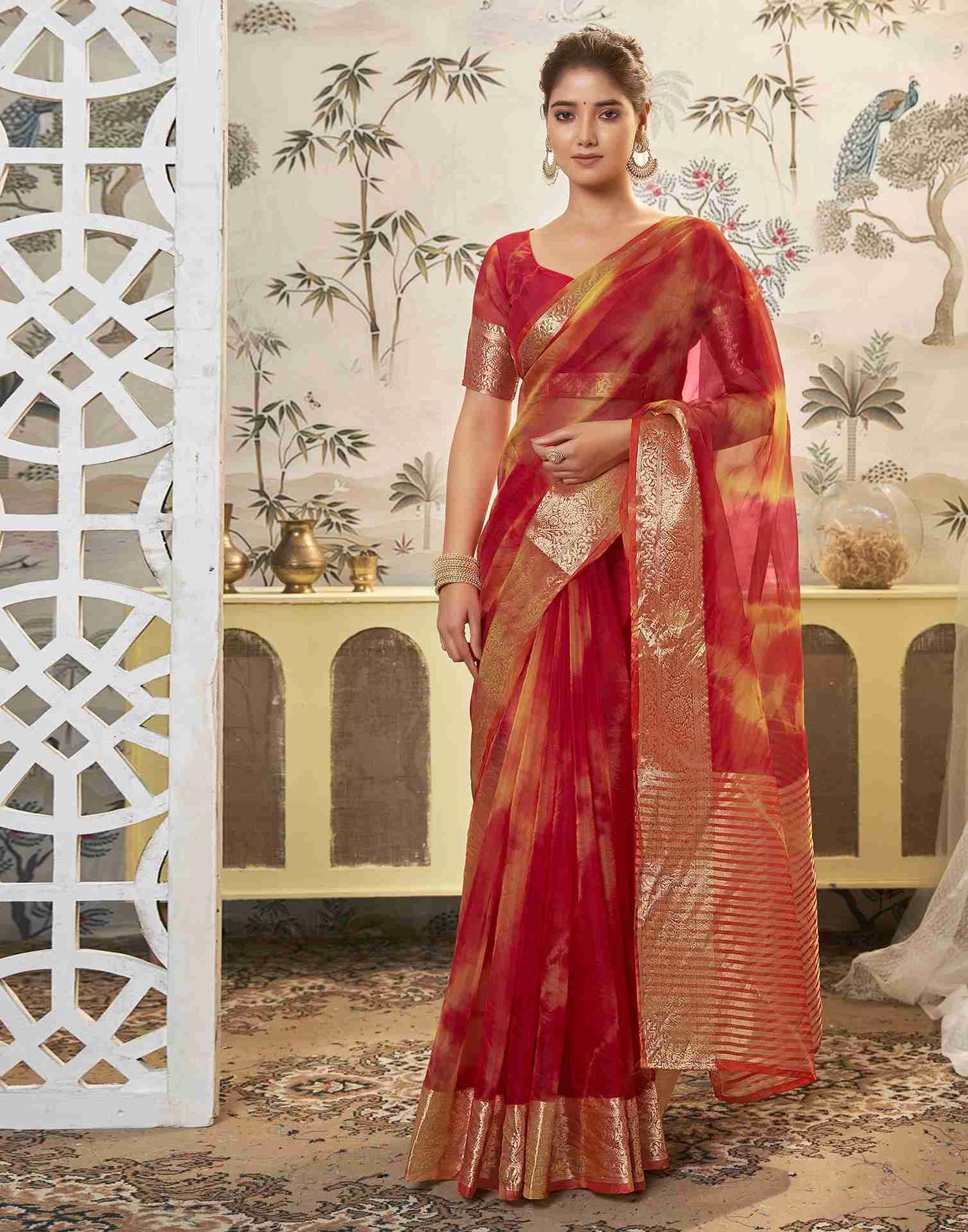 Red Organza Printed Woven Saree