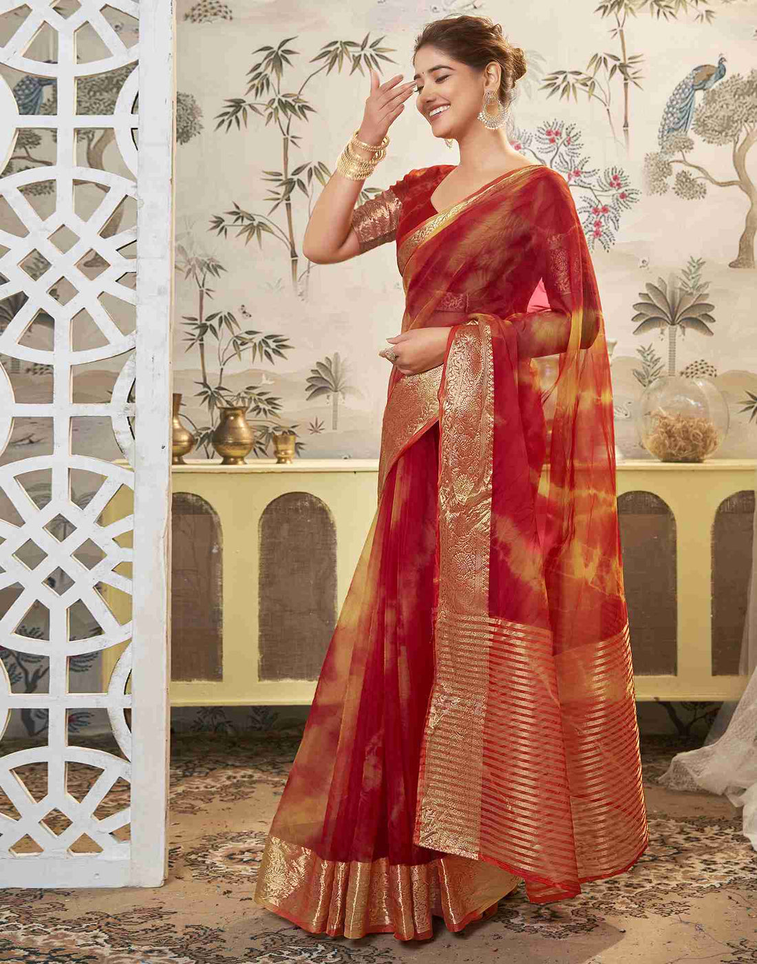 Red Organza Printed Woven Saree