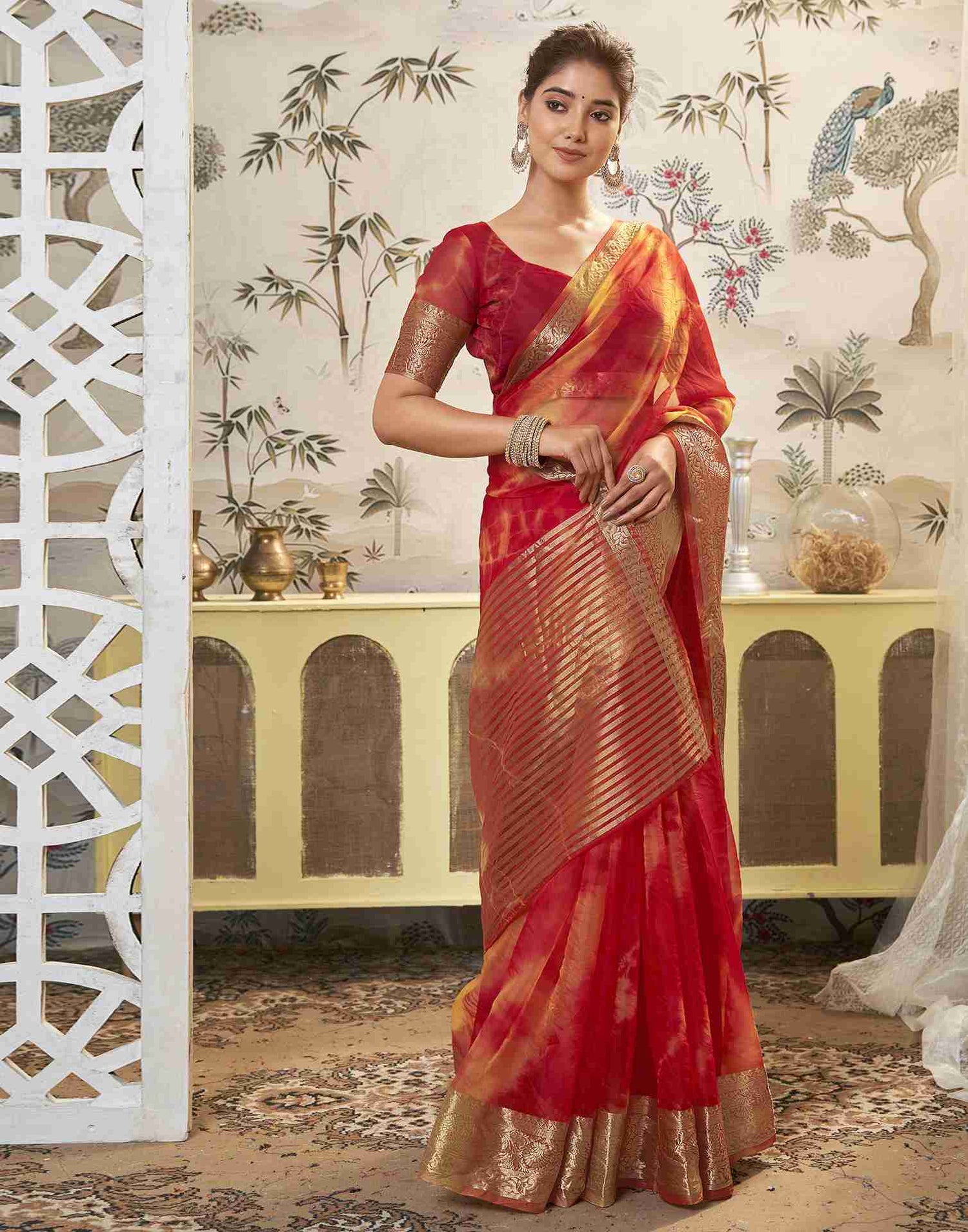 Red Organza Printed Woven Saree