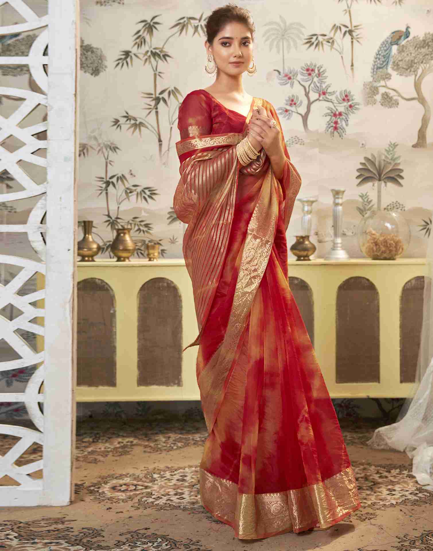 Red Organza Printed Woven Saree