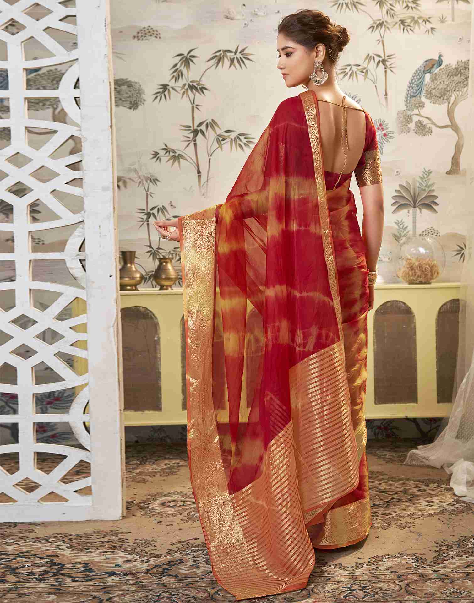 Red Organza Printed Woven Saree