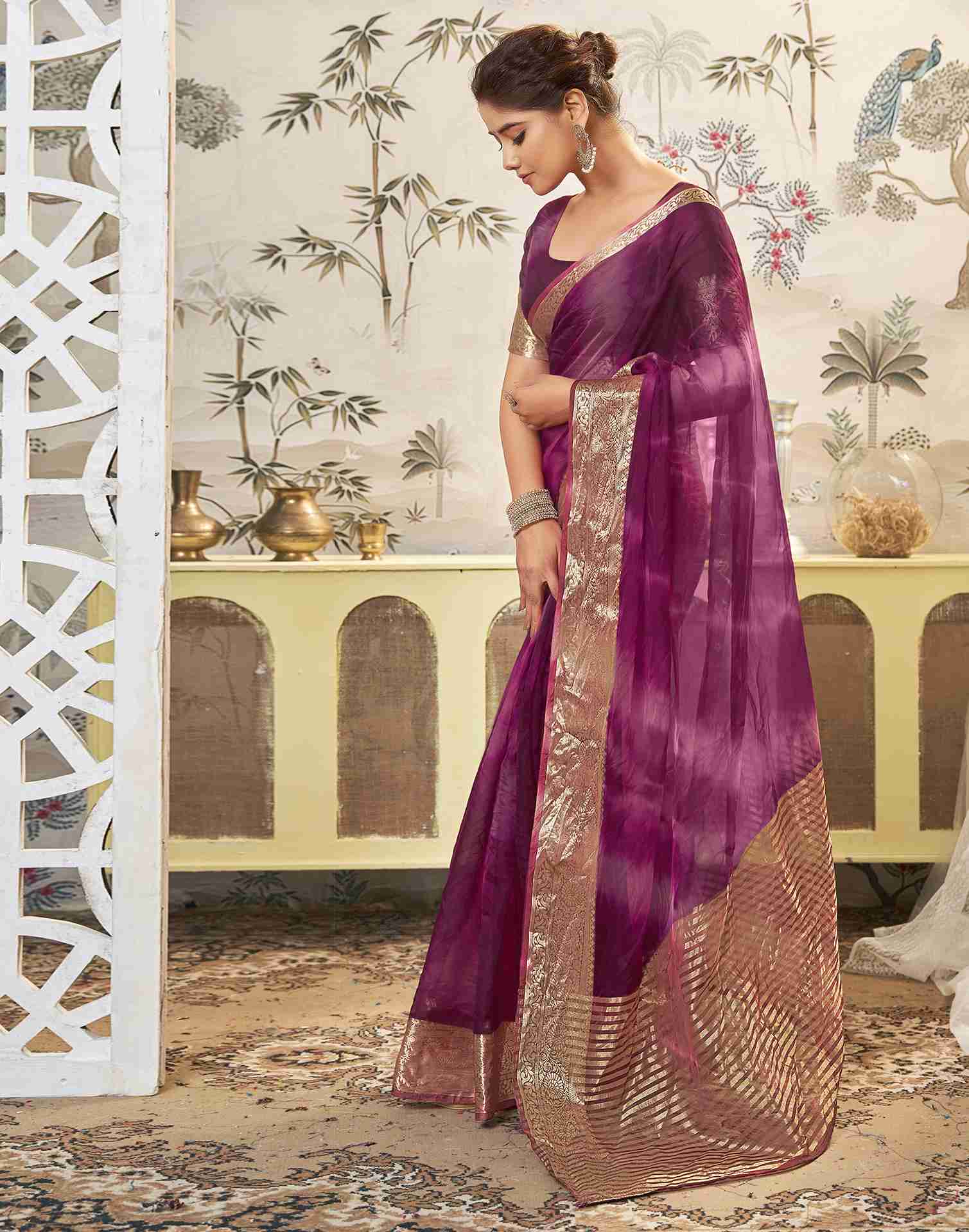 Deep Purple Organza Printed Woven Saree