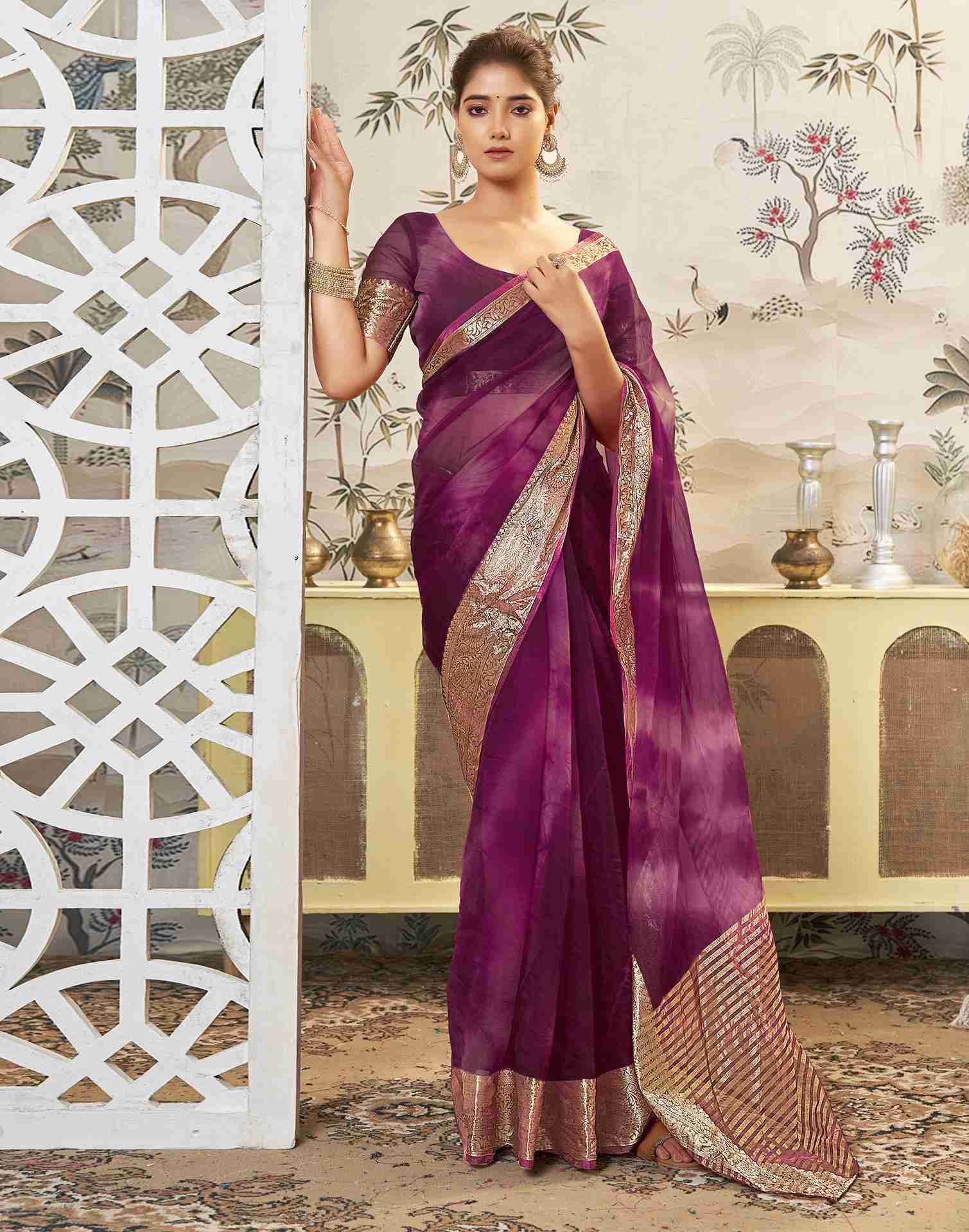 Deep Purple Organza Printed Woven Saree