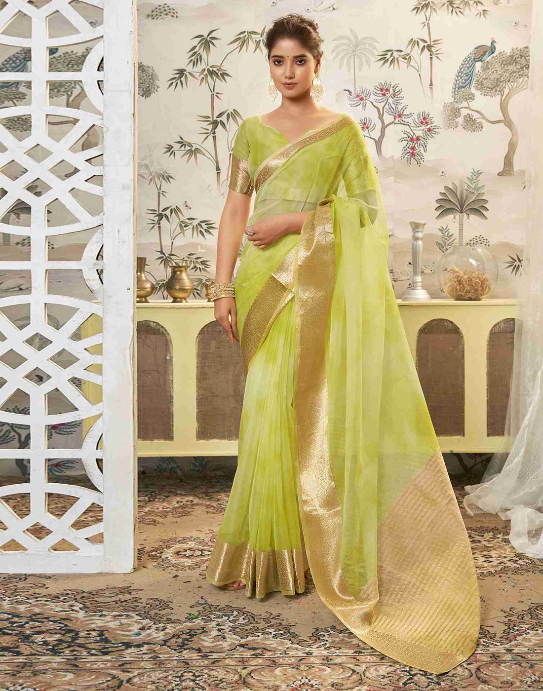 Light Green Organza Printed Woven Saree