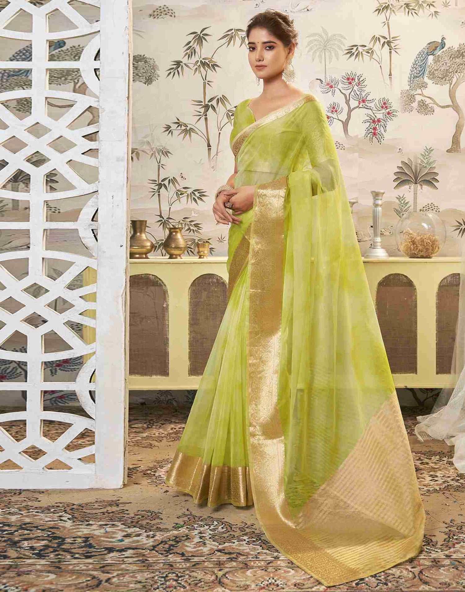 Light Green Organza Printed Woven Saree