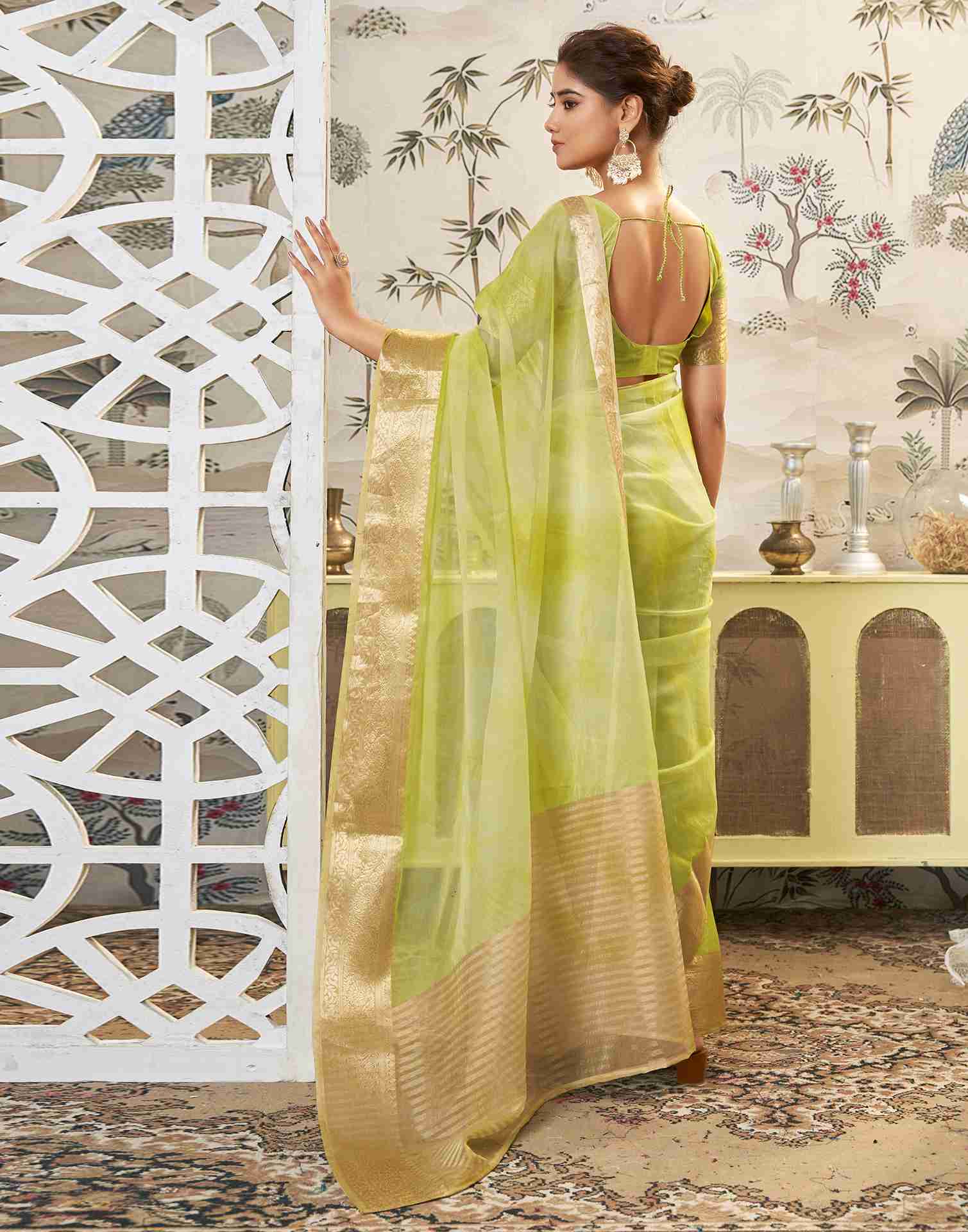 Light Green Organza Printed Woven Saree