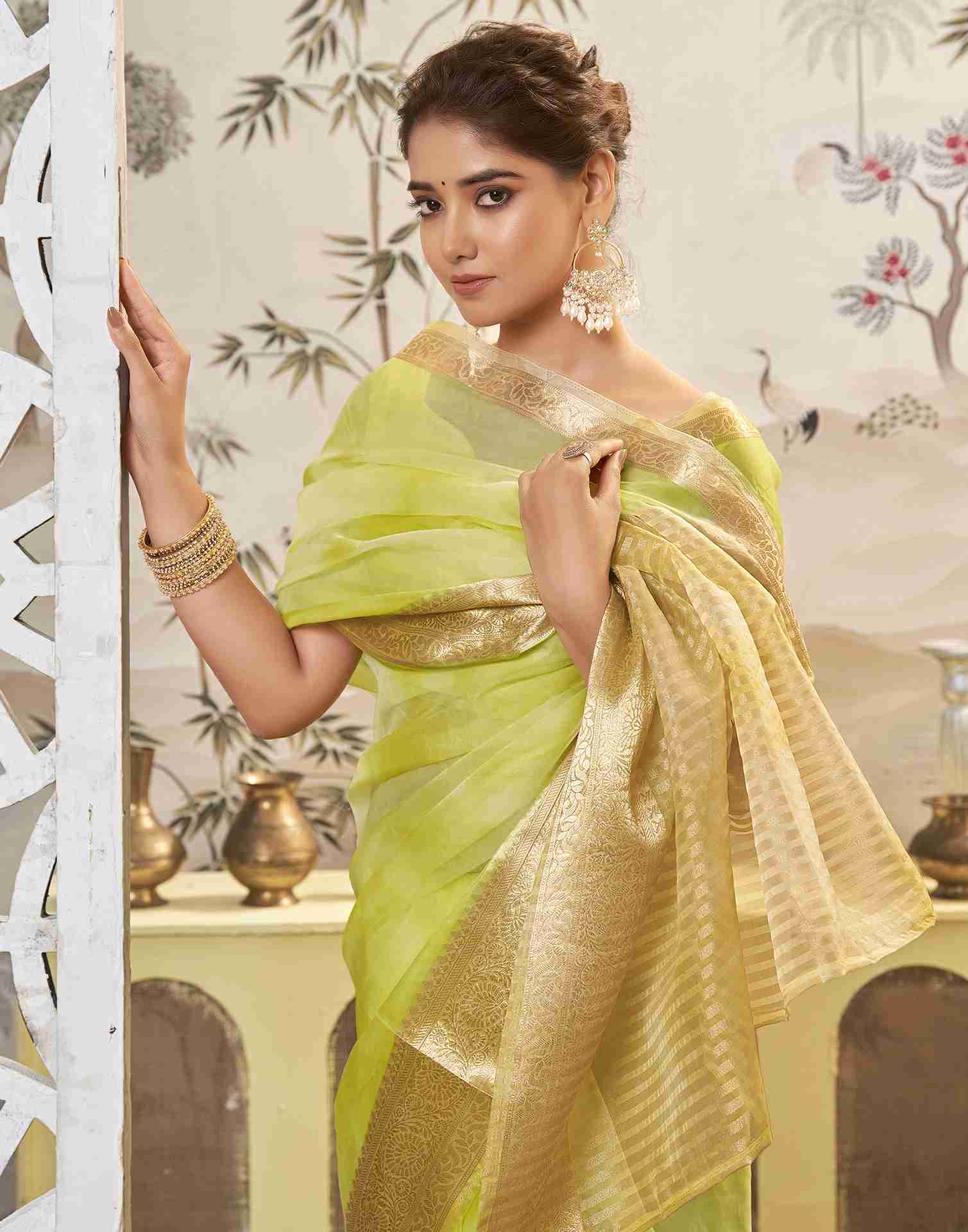 Light Green Organza Printed Woven Saree