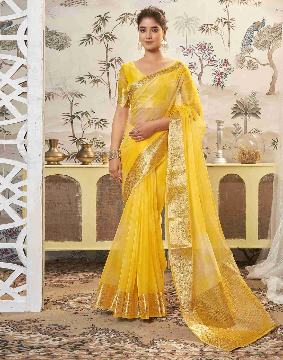 Yellow Organza Woven Saree