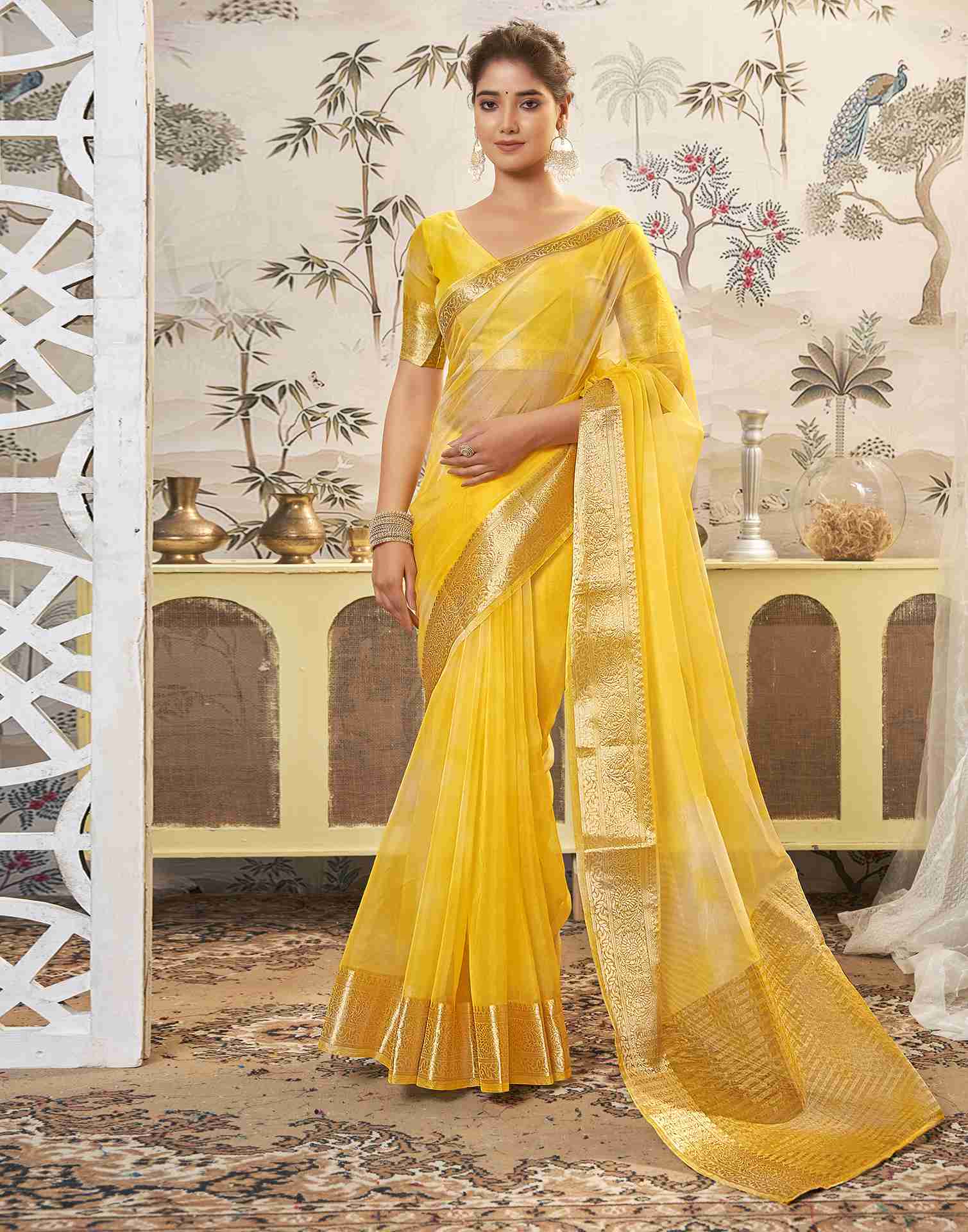 Yellow Organza Printed Woven Saree