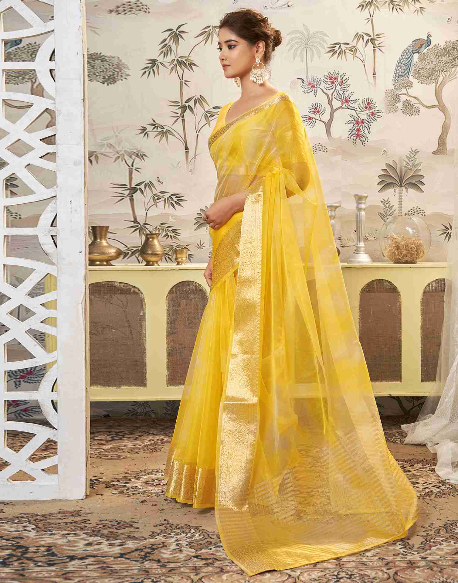 Yellow Organza Printed Woven Saree